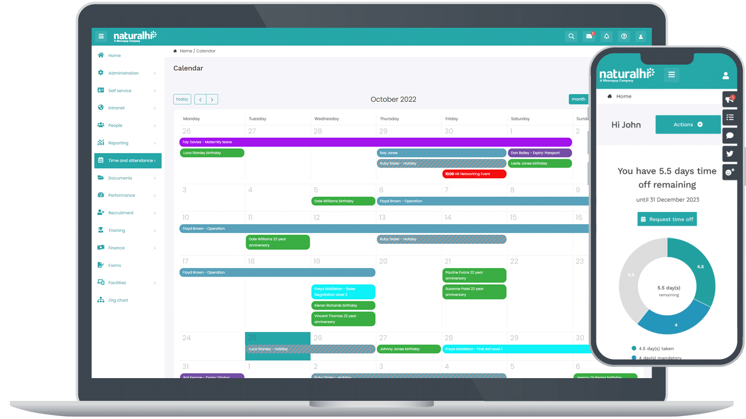 Natural HR software, calendar and profile view