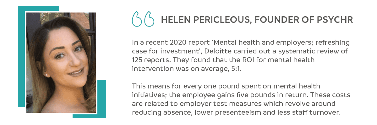 Helen Pericleous, PsycHR quote on the ROI of mental health initiatives