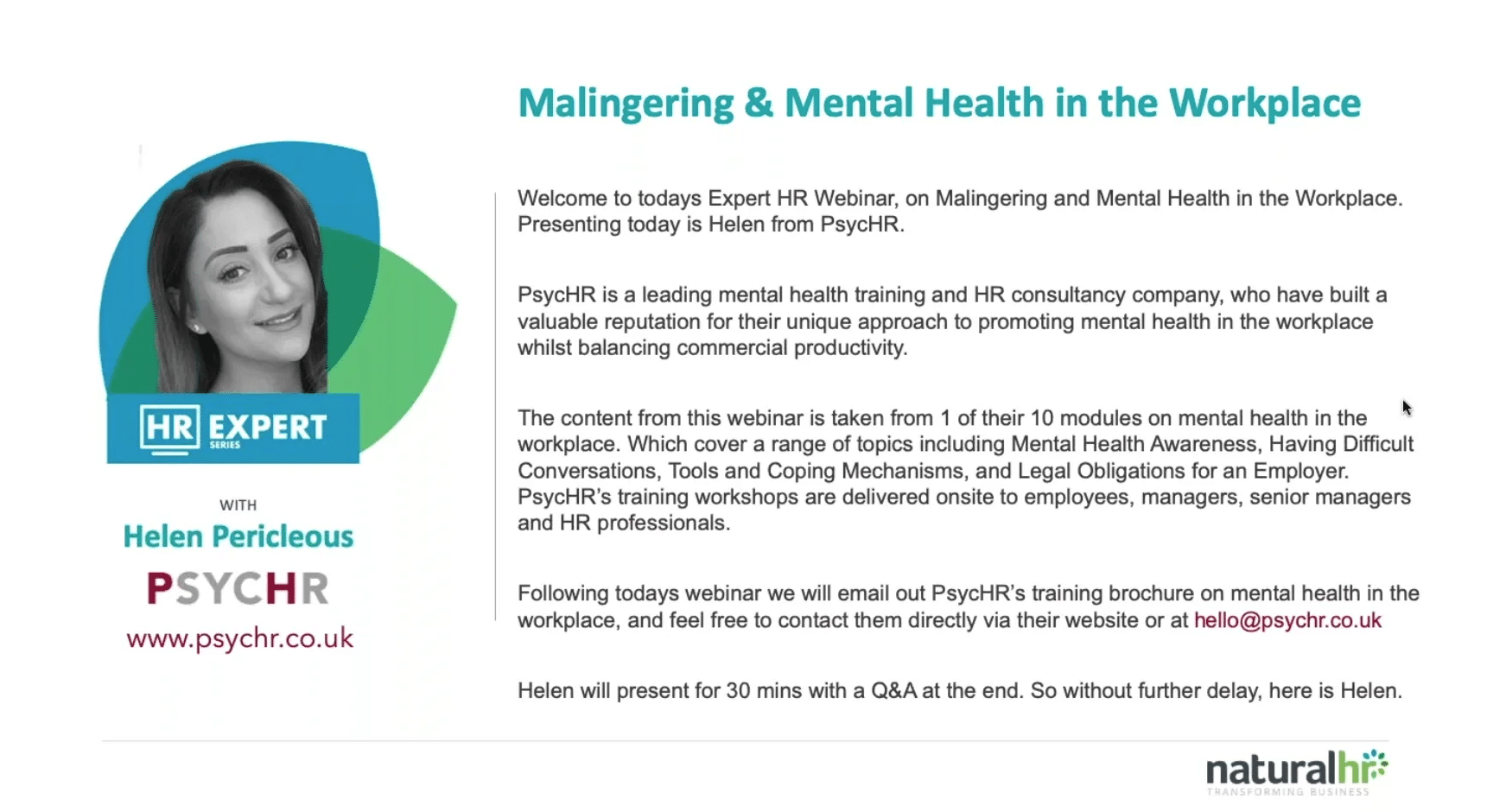 Malingering and mental health in the workplace webinar content description